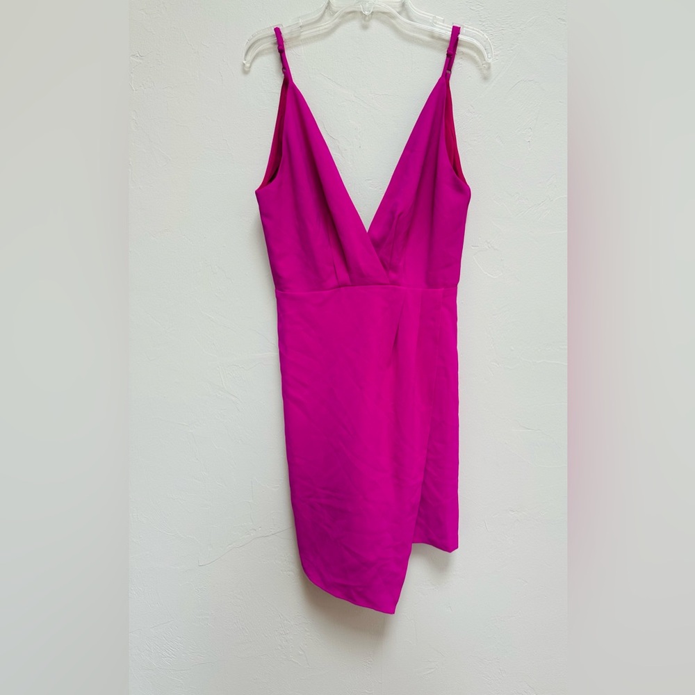 NWT Sugar+Lips Hot Raspberry Pink Spaghetti Strap Plunge Mini Dress Faux Wra…